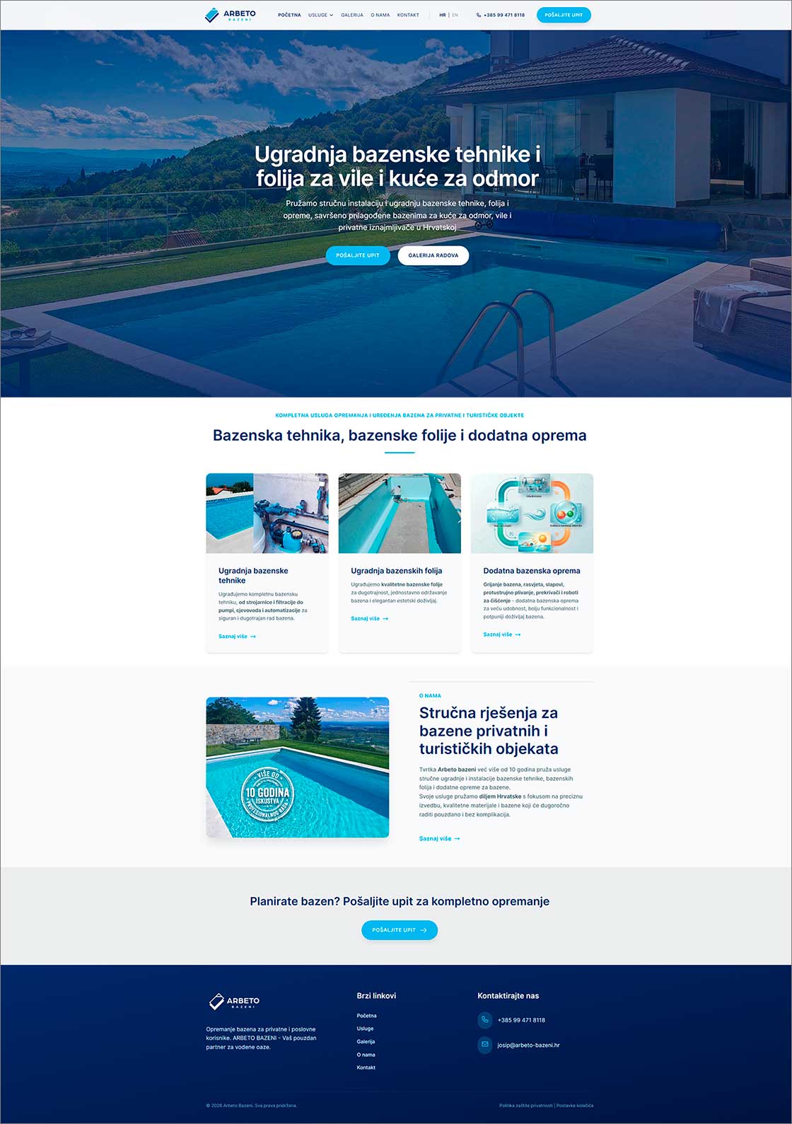 Prikaz responzivnog web dizajna za klijenta Arbeto Bazeni – desktop verzija stranice